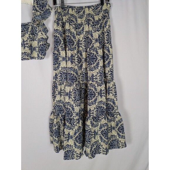 Women's Set L Cream Medallion Print Cap Sleeve Crop Top Maxi Skirt Pull On Comfy - Picture 3 of 9